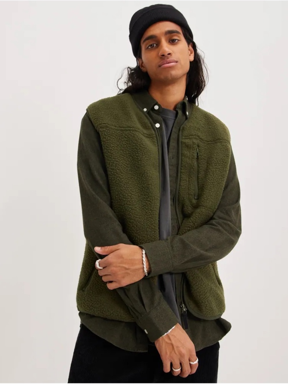 ONLY & SONS Olive Green Sherpa Zip Vest - Picture 2 of 6